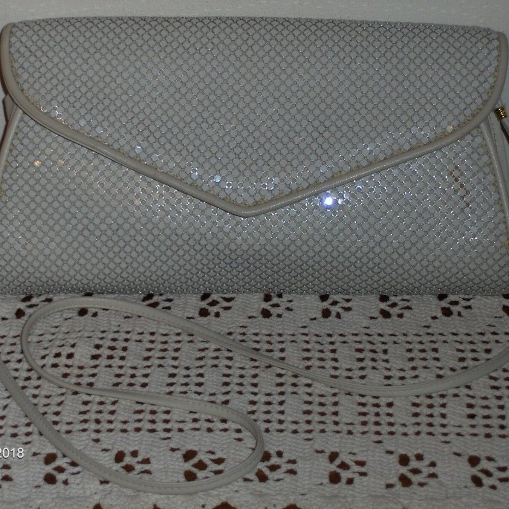 Whiting and Davis International Shoulder Bag White Mesh Leather Clutch Evening